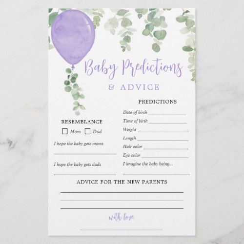 Baby predictions advice card purple balloon girl