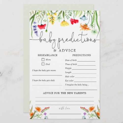 Baby predictions advice card spring wildflowers