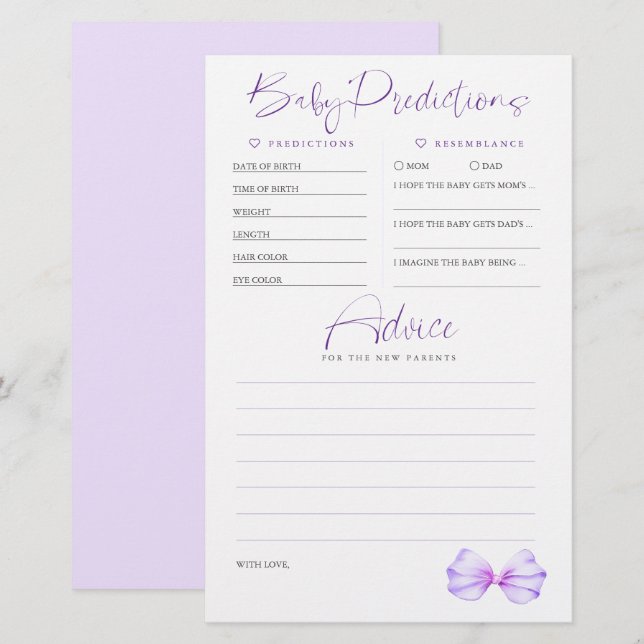 Baby Predictions Advice Purple Baby Shower Game (Front/Back)