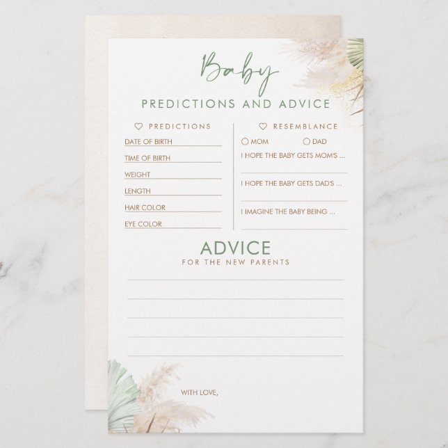 Baby Predictions and Advice Baby Shower Game (Front/Back)