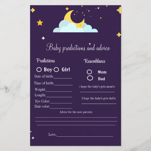 Baby predictions and advice baby shower game (Front)