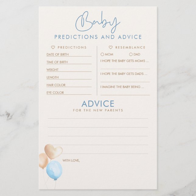 Baby Predictions and Advice Baby Shower Game (Front)