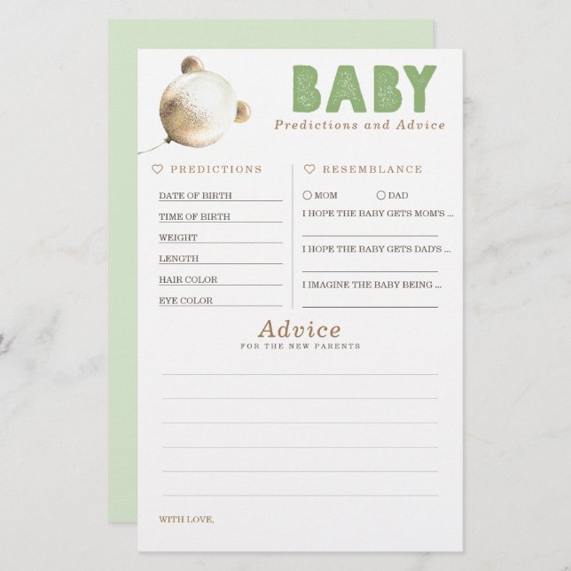Baby Predictions and Advice Baby Shower Game (Front/Back)