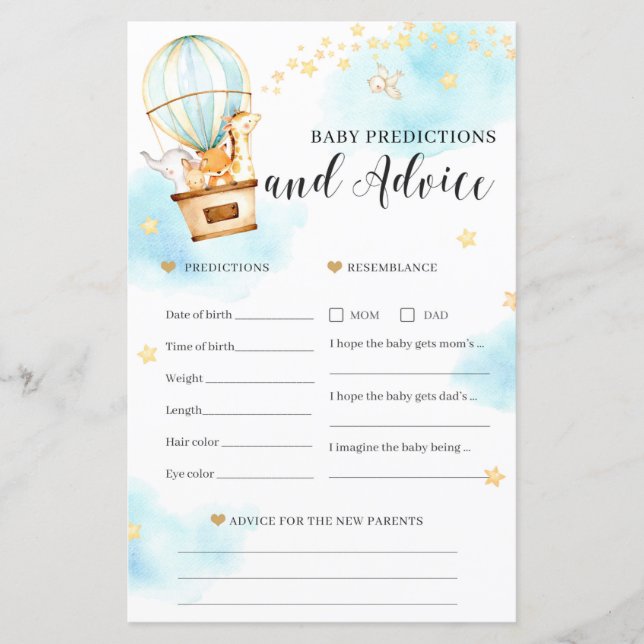 Baby predictions and advice Baby Shower game (Front)