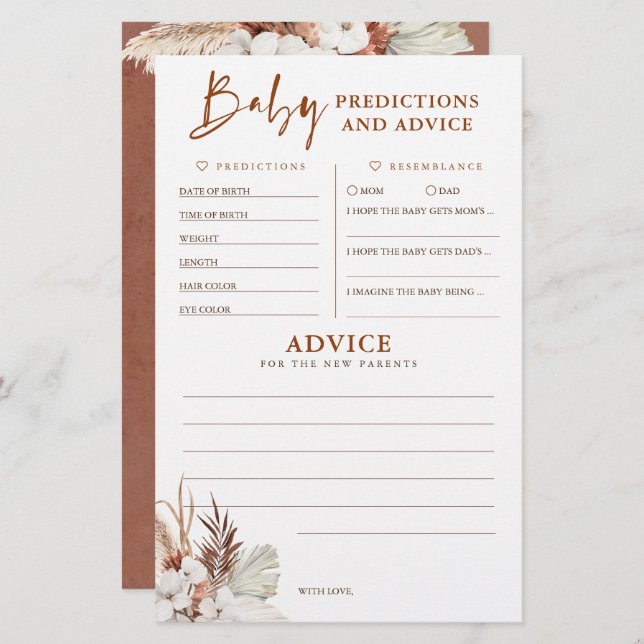 Baby Predictions and Advice Baby Shower Game (Front/Back)