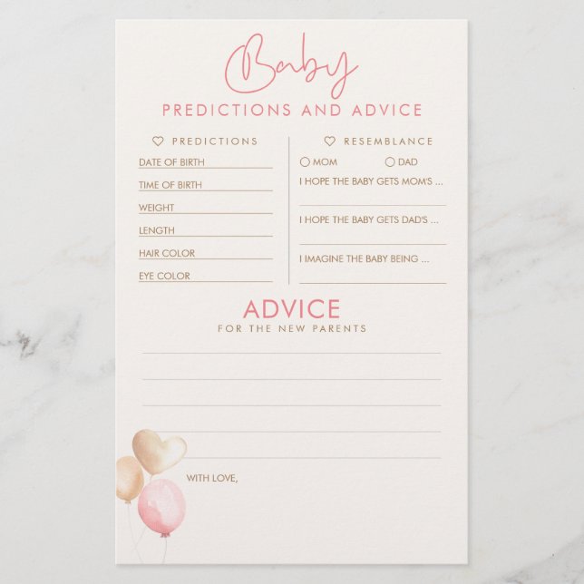 Baby Predictions and Advice Baby Shower Game (Front)