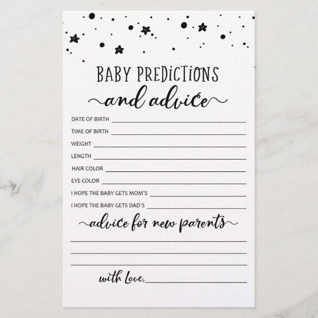 Baby Predictions and Advice Baby Shower Party game (Front)