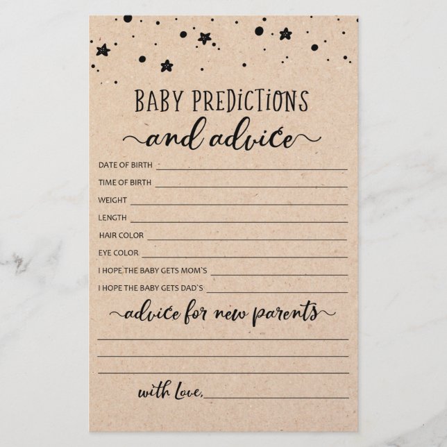 Baby Predictions and Advice Baby Shower Party game (Front)