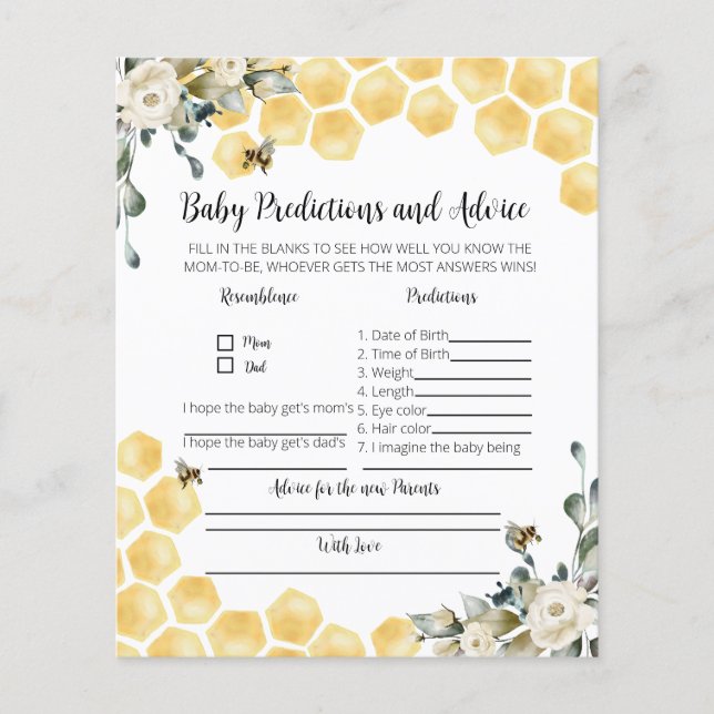 Baby predictions and advice bee themed party game. (Front)