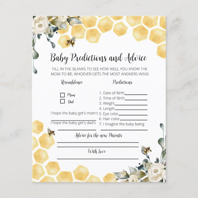 Baby predictions and advice bee themed party game. (Front)