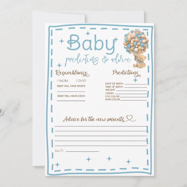 Baby Predictions and Advice Blue Teddy Bear Card (Front)