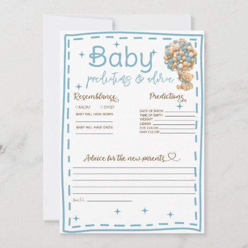 Baby Predictions and Advice Blue Teddy Bear Card