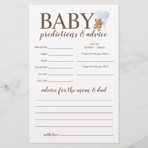 Baby Predictions and Advice Blue Teddy Bear Game Flyer