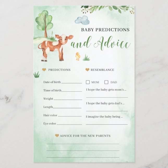 Baby predictions and advice card Baby Shower game (Front)