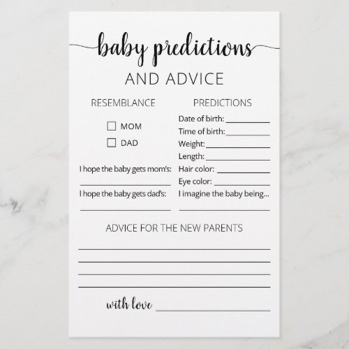 Baby predictions and advice card Baby Shower party