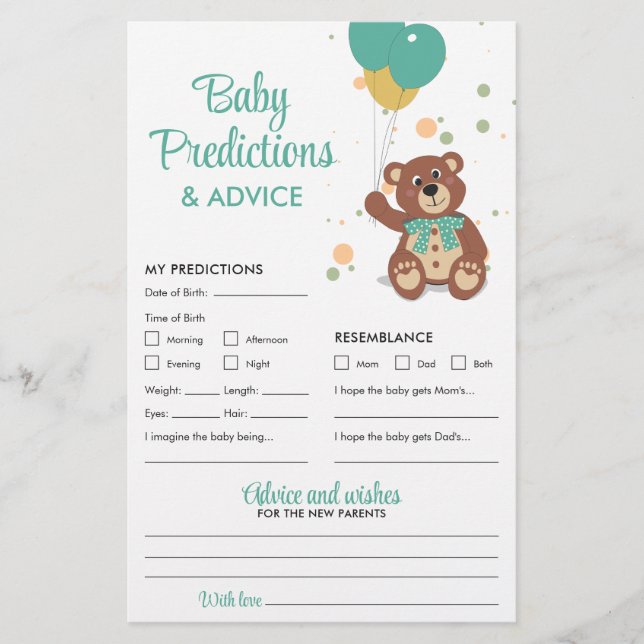 Baby Predictions and Advice Green Teddy Bear Game Flyer (Front)