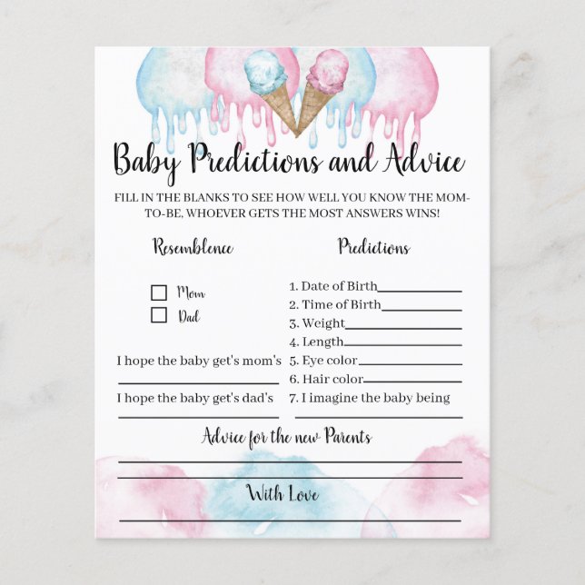 Baby predictions and advice ice cream party game. (Front)