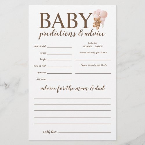 Baby Predictions and Advice Pink Teddy Bear Game Flyer