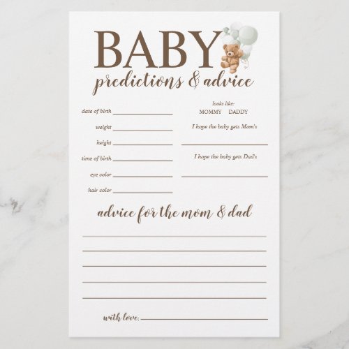 Baby Predictions and Advice Sage Teddy Bear Game Flyer