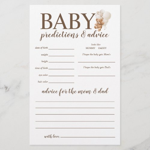 Baby Predictions and Advice Teddy Bear Game Flyer