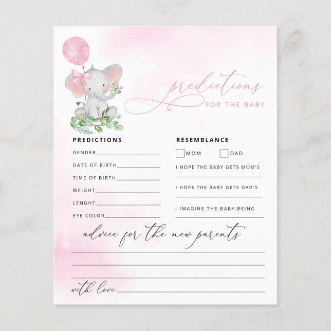 Baby Predictions Cute Elephant Shower Game (Front)