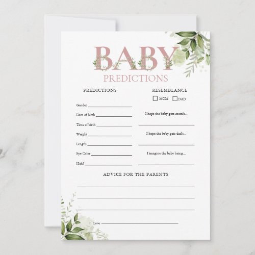 Baby Predictions Greenery Baby Shower Game Card