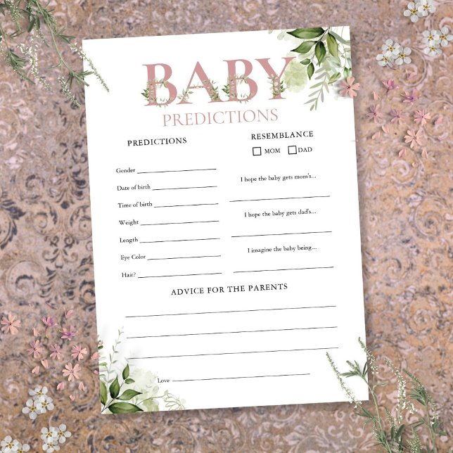 Baby Predictions Greenery Baby Shower Game Card (Baby Predictions Greenery Baby Shower Game Card)