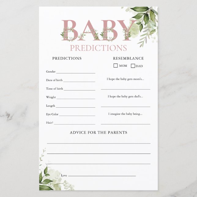 Baby Predictions Greenery Pink Baby Shower Game (Front)