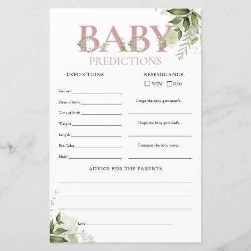 Baby Predictions Greenery Pink Baby Shower Game