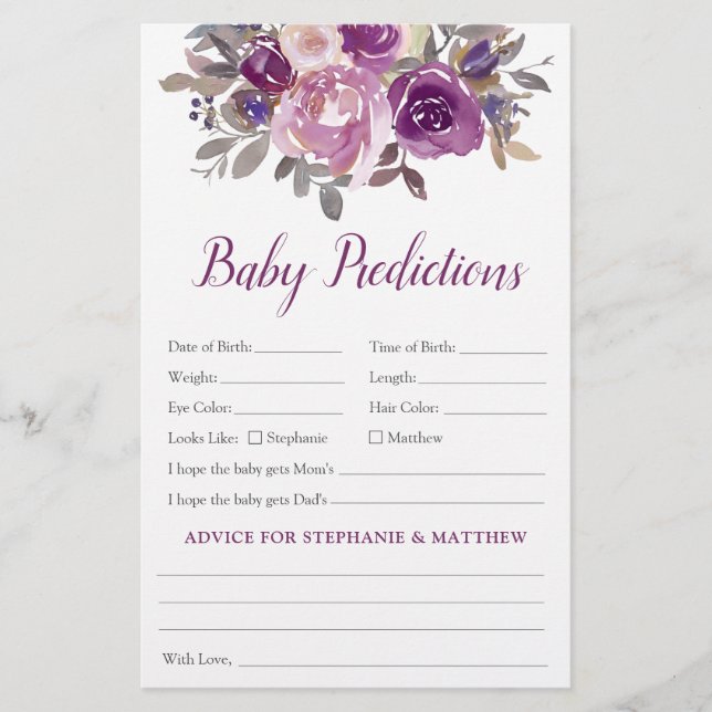 Baby Predictions Mauve Purple Baby Shower Game (Front)