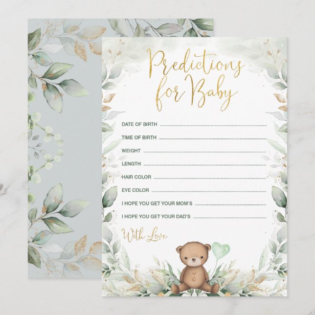 Baby Predictions Teddy Bear Balloon Shower Game Invitation (Front/Back)