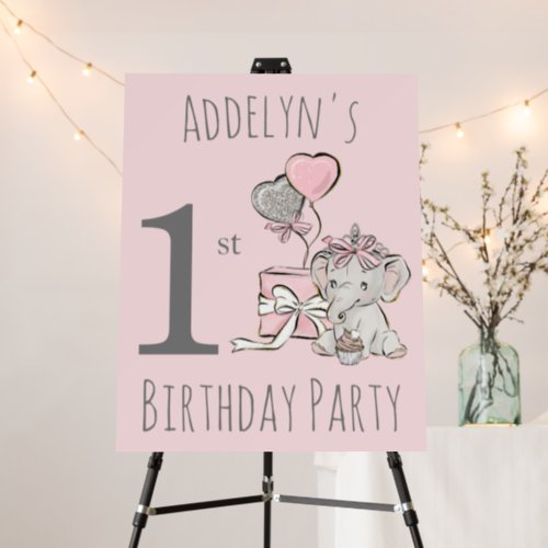 Baby Princess Elephant Girl Pink Gray 1st Birthday Foam Board