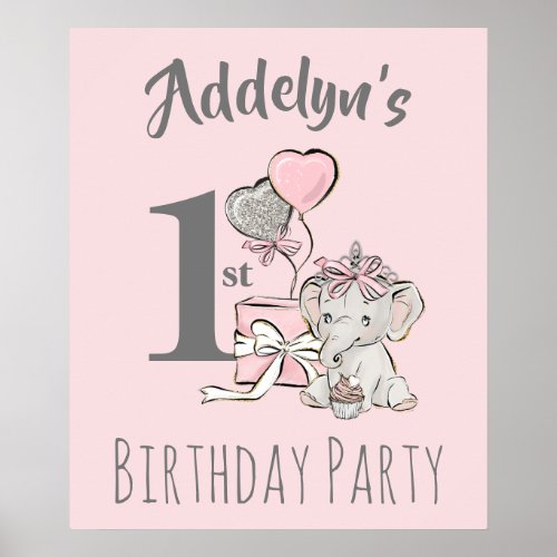 Baby Princess Elephant Girl Pink Gray 1st Birthday Poster