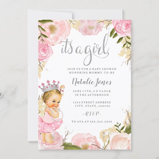Baby Princess It's a Girl Pink Rose Baby Shower Invitation (Front)