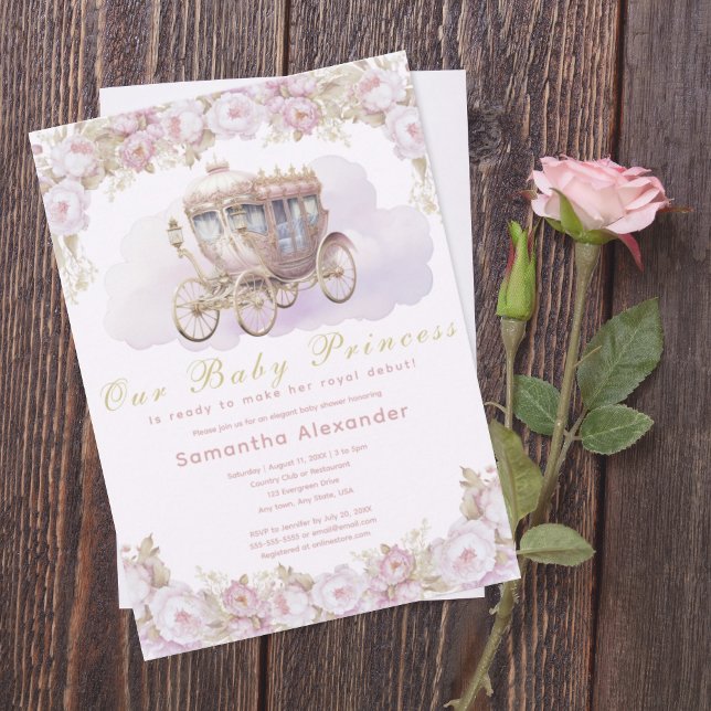 Baby Princess Pink Baby Shower  Invitation (Baby princess pink floral and princess carriage baby shower invitation.  Baby girl. Royal debut.)