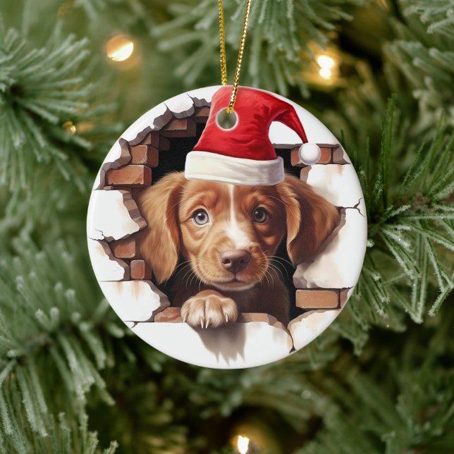 Baby Puppy in Santa Hat - 3D Ceramic Ornament (Tree)