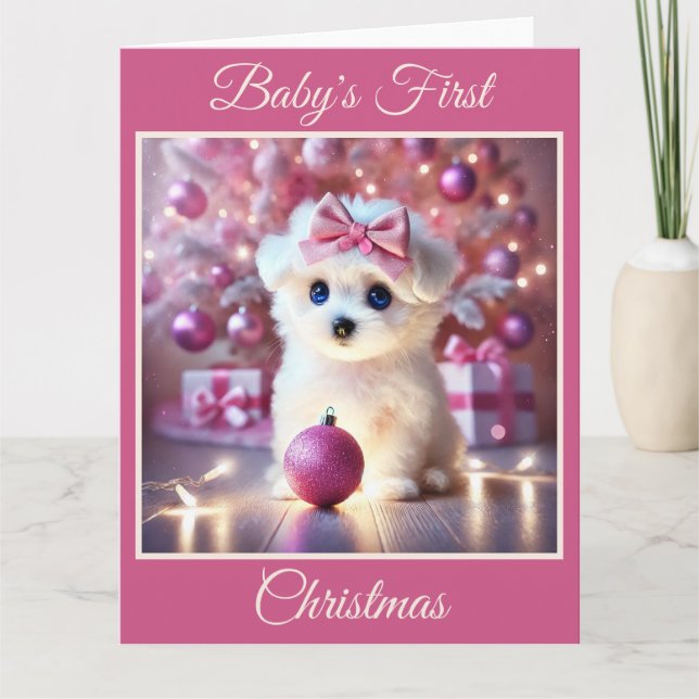 Baby Puppy's First Christmas (Pink) Card (Front)