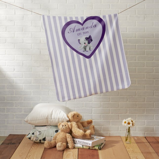 Baby Purple and White Name Elephant  Baby Blanket (In Situ)