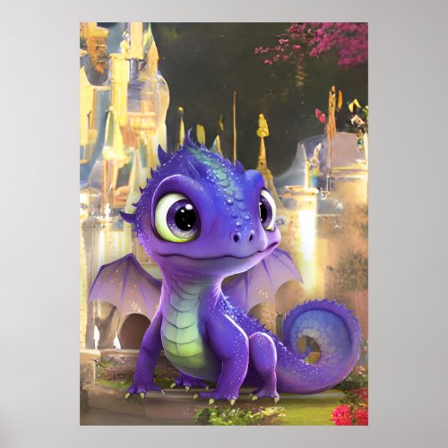 Baby Purple Dragon And Fantasy Medieval Castle Poster