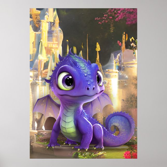 Baby Purple Dragon And Fantasy Medieval Castle Poster (Front)