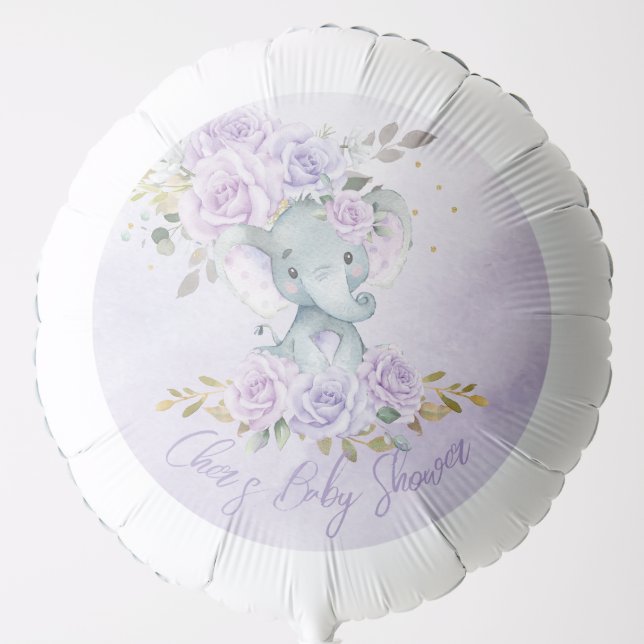 Baby Purple Floral Cute Elephant Boy Baby Shower Balloon (Front)