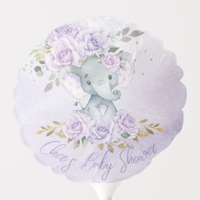 Baby Purple Floral Cute Elephant Boy Baby Shower Balloon (Front)