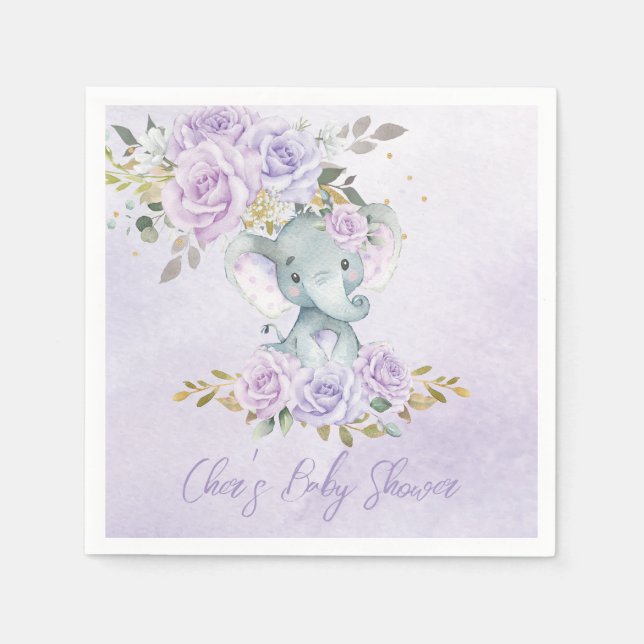 Baby Purple Floral Elephants Twins Baby Shower Napkins (Front)