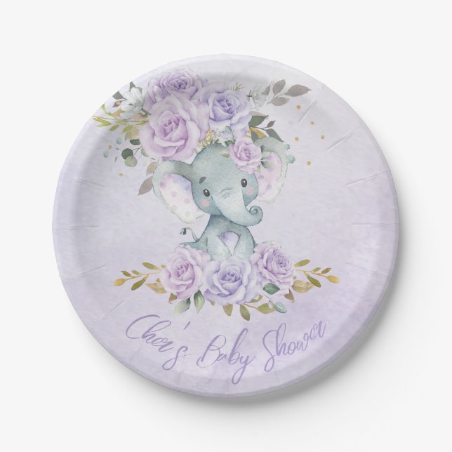 Baby Purple Floral Elephants Twins Baby Shower Paper Plates (Front)