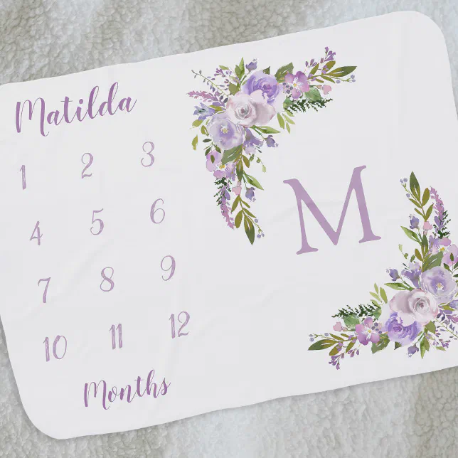 Baby Purple Girl Milestone Monthly Baby Blanket | Zazzle
