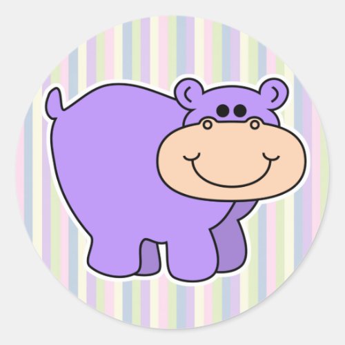 baby purple hippo with striped background classic round sticker