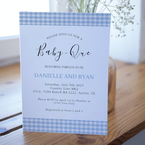 Baby Q Baby Shower Barbecue Checkered Boy Blue Invitation