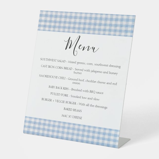 Baby Q Baby Shower Barbecue Checkered Boy MENU Pedestal Sign (Front)