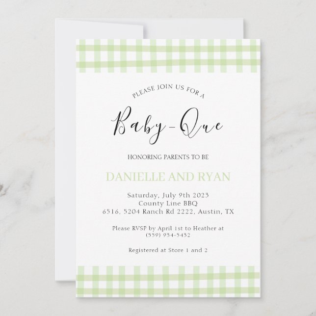 Baby Q Baby Shower Barbecue Checkered Green Blue Invitation (Front)