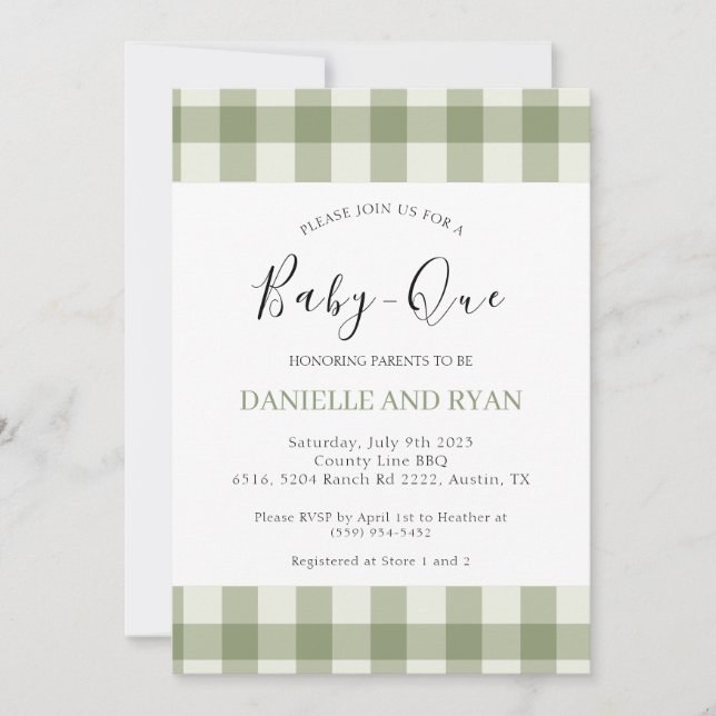 Baby Q Baby Shower Barbecue Checkered Sage Green  Invitation (Front)